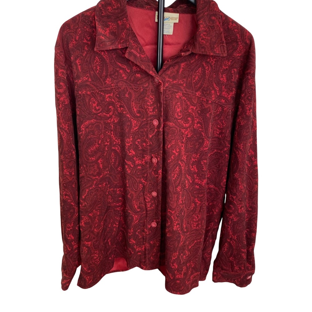 TravelSmith Womens XL Red Paisley Button Front Long Sleeve Shirt 6889 Stretch